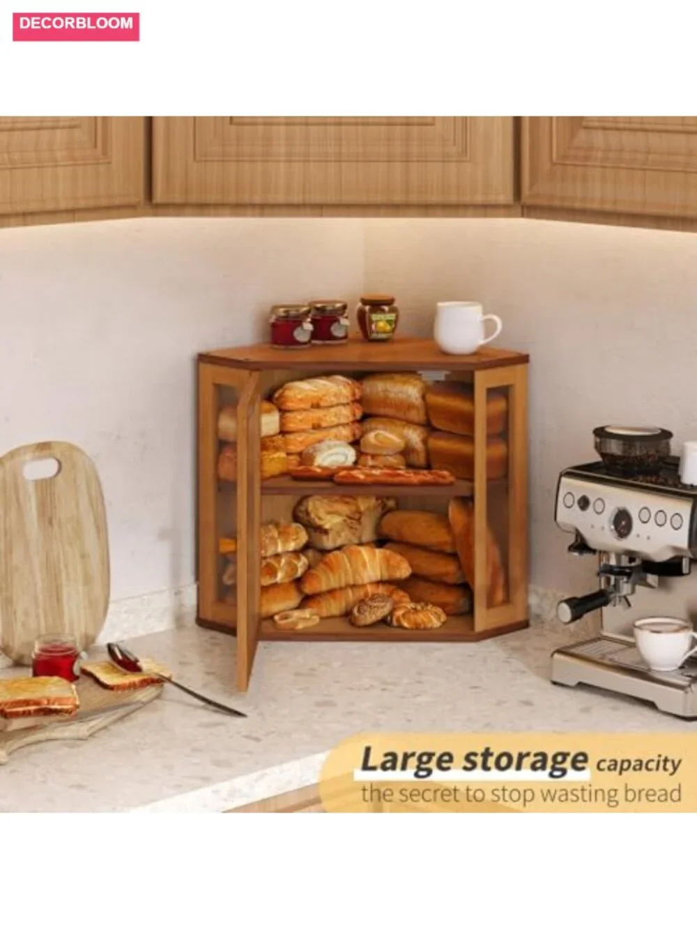 Bamboo Corner Bread Box, Double Layer Kitchen Countertop Storage with Acrylic